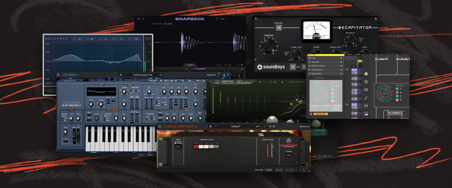 Screenshots of various DAWs, synth plugins, and effect plugins