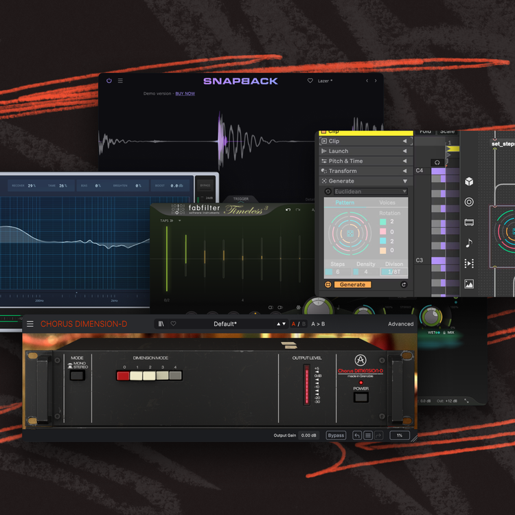 Screenshots of various DAWs, synth plugins, and effect plugins