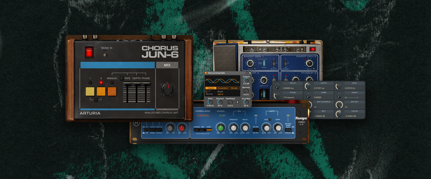 Screenshots of various chorus, flanger, and phaser effect plugins