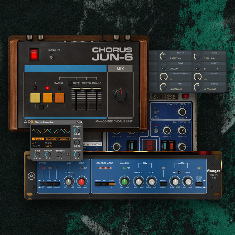 Screenshots of various chorus, flanger, and phaser effect plugins