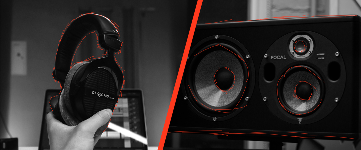Two images split in the center, with a person holding studio headphones on the left, and a close-up of studio monitors on the right