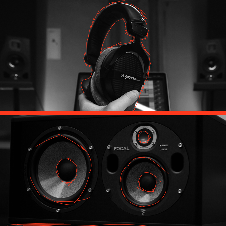 Two images split in the center, with a person holding studio headphones on the left, and a close-up of studio monitors on the right