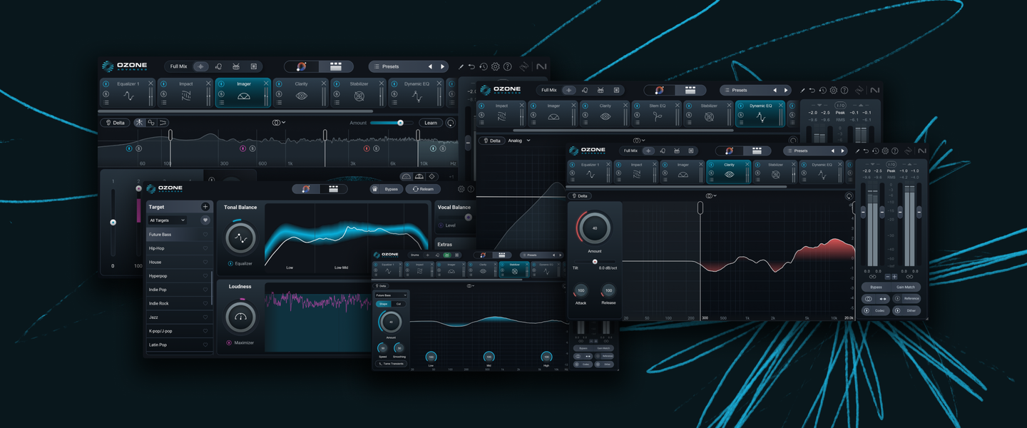Various screenshots of the iZotope Ozone 12 plugin
