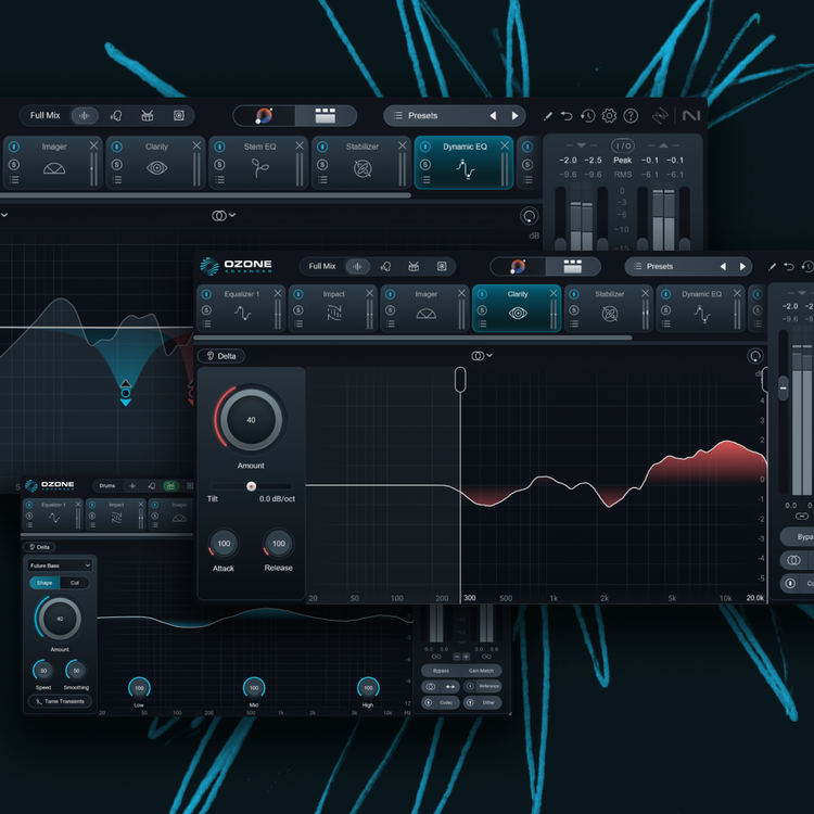 Various screenshots of the iZotope Ozone 12 plugin